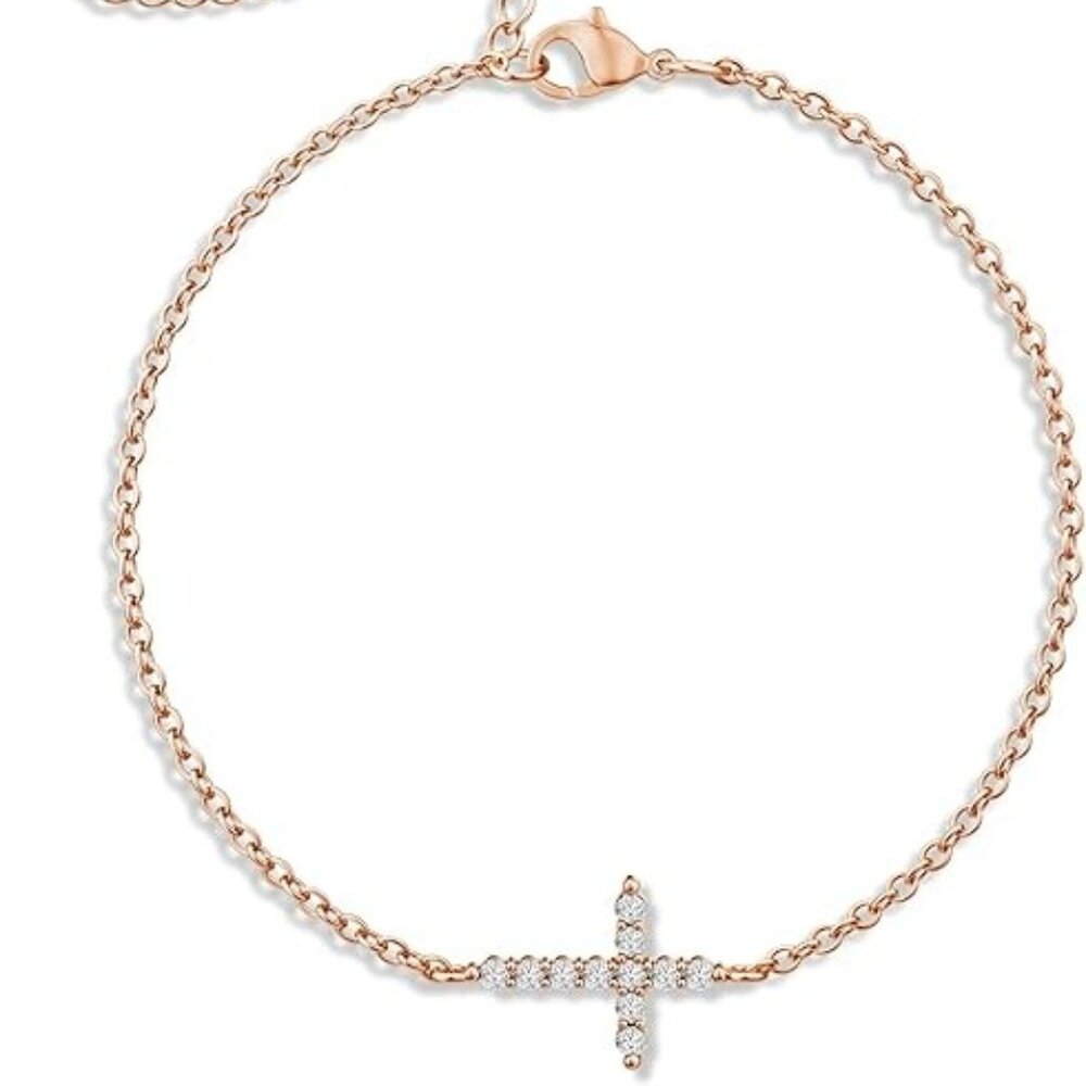 925 Sterling Silver CZ Bracelet - CZ Cross Bracelet Rose Gold